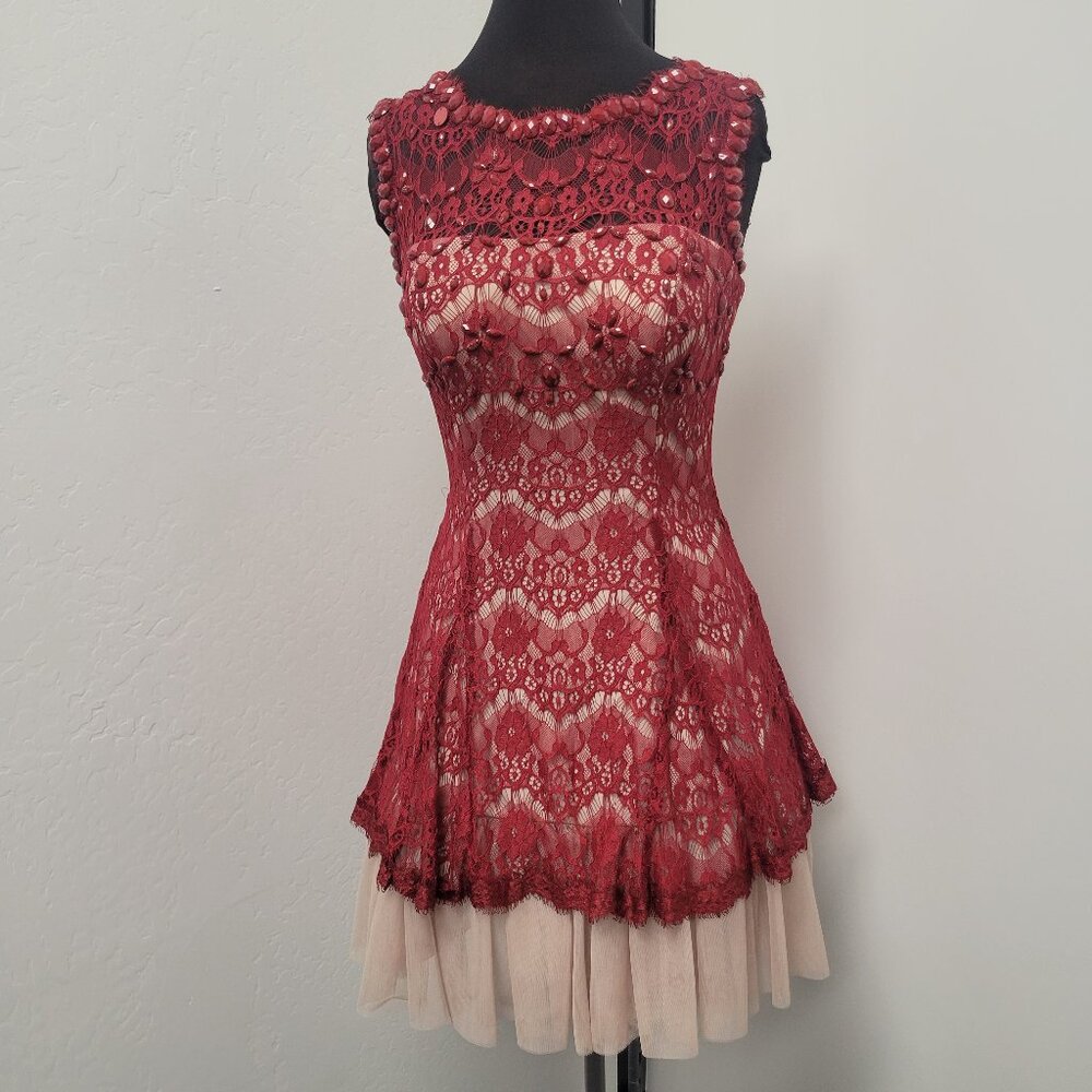 Burgundy Lace and Tulle Fit and Flare Dress